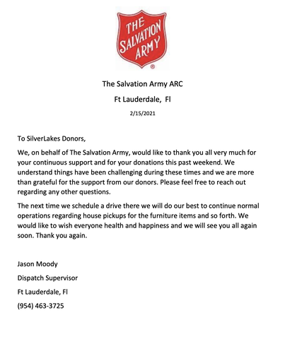 Salvation Army Thank You Letter